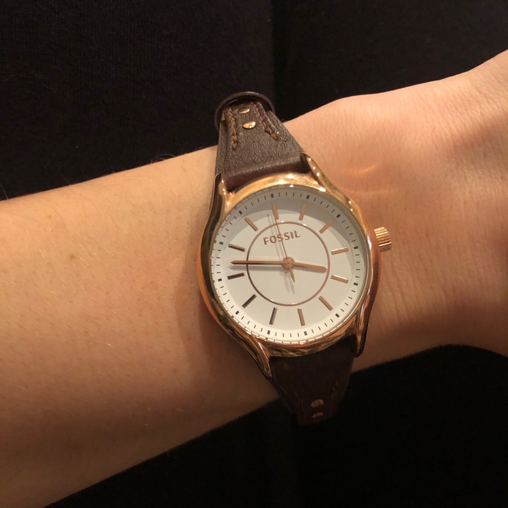 NWOT FOSSIL RoseGold DarkBrown LeatherStrap Watch